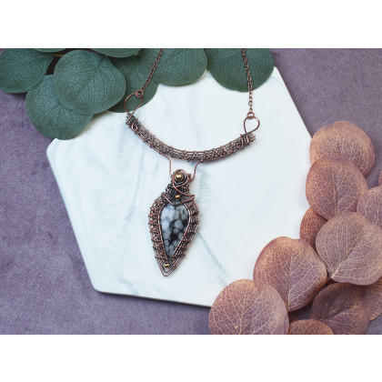 Witchcraft Apparel - korale,naszyjniki - Miedziany naszyjnik wire wrapping z obsydianem śnieżnym #492 foto #3
