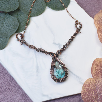 Miedziany naszyjnik wire wrapping z turkusem #493, Witchcraft Apparel, korale,naszyjniki