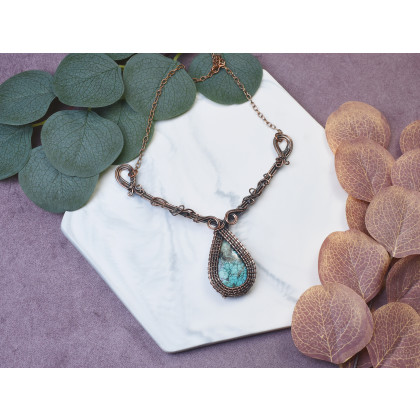 Witchcraft Apparel - korale,naszyjniki - Miedziany naszyjnik wire wrapping z turkusem #493 foto #1