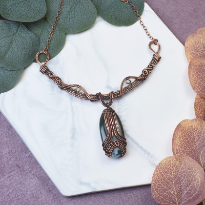 Miedziany naszyjnik wire wrapping z agatem mszystym #494, Witchcraft Apparel, korale,naszyjniki