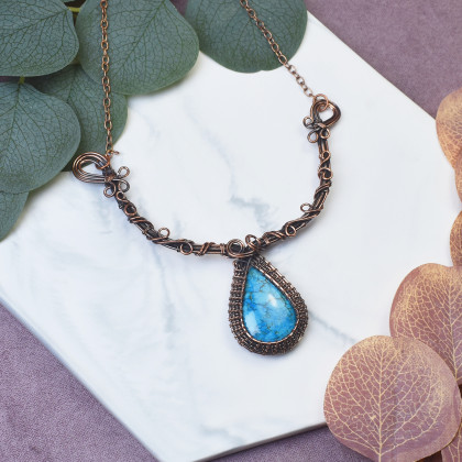Miedziany naszyjnik wire wrapping z turkusem #495, Witchcraft Apparel, korale,naszyjniki