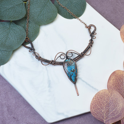 Miedziany naszyjnik wire wrapping z turkusem #496, Witchcraft Apparel, korale,naszyjniki