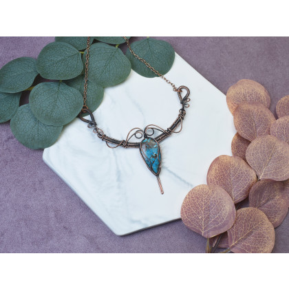 Witchcraft Apparel - korale,naszyjniki - Miedziany naszyjnik wire wrapping z turkusem #496 foto #3