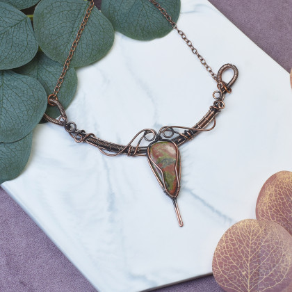 Miedziany naszyjnik wire wrapping z unakitem #497, Witchcraft Apparel, korale,naszyjniki