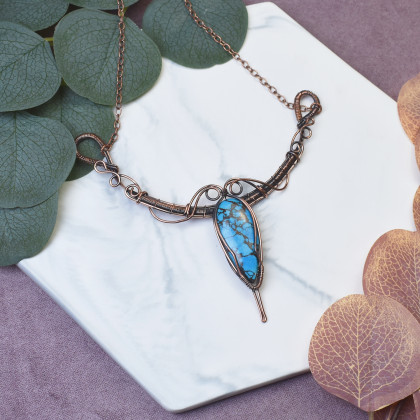 Miedziany naszyjnik wire wrapping z turkusem #498, Witchcraft Apparel, korale,naszyjniki