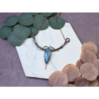 Witchcraft Apparel - korale,naszyjniki - Miedziany naszyjnik wire wrapping z turkusem #498 foto #3