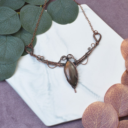 Miedziany naszyjnik wire wrapping z labradorytem #503, Witchcraft Apparel, korale,naszyjniki