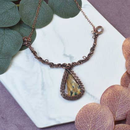 Miedziany naszyjnik wire wrapping z labradorytem #505, Witchcraft Apparel, korale,naszyjniki