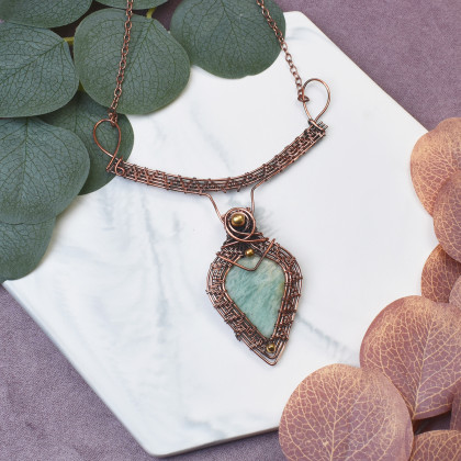 Miedziany naszyjnik wire wrapping z amazonitem #507, Witchcraft Apparel, korale,naszyjniki