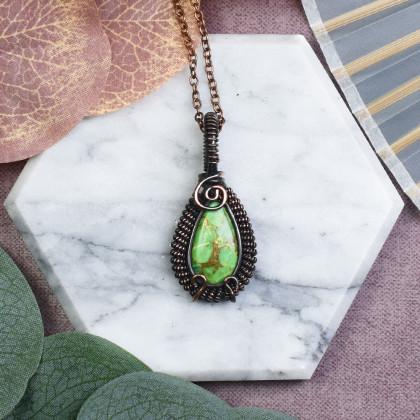 Miedziany wisiorek wire wrapping z jaspisem imperialnym #529, Witchcraft Apparel, wisiory