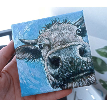 Joanna Podolska - obrazy akryl - portret krowy 10x10cm foto #3