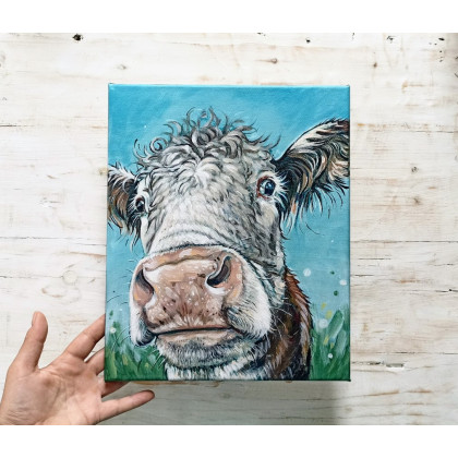 Krowa II, obraz 30x25cm, Joanna Podolska, obrazy akryl