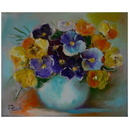 Bukiet  kolorowych bratków obraz olejny 25-30cm, Grażyna Potocka, obrazy olejne