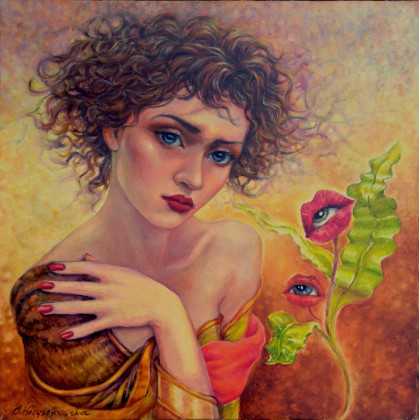 Ewa w ogrodzie obraz olejny surrealizm, Izabela Krzyszkowska , obrazy olejne