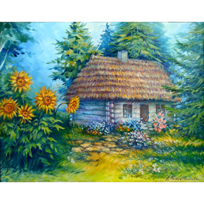 Wiejska chata w słonecznikach i malwach, Izabela Krzyszkowska , obrazy olejne
