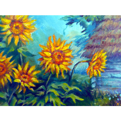 Izabela Krzyszkowska  - obrazy olejne - Wiejska chata w słonecznikach i malwach foto #1