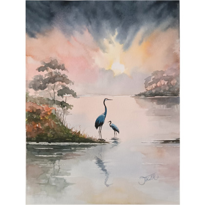 Żurawie o poranku, Akwarela 24x32 cm, Joanna Tomczyk, obrazy akwarela
