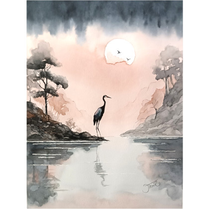 Cisza i żuraw, Akwarela 24x32 cm, Joanna Tomczyk, obrazy akwarela