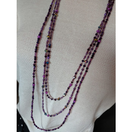 Naszyjnik Kaskadowy Potrójny Perły Kryształki Korale Fioletowe, unikatart, korale,naszyjniki