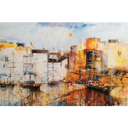 Łodzie na redzie...., Dariusz Grajek, olej + akryl