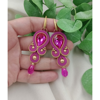 Kolczyki fuksja na wesele, przyjęcie, ślub, różowe kolczyki, klipsy neonowy róż, Soutacheria, kolczyki 