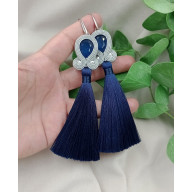 DŁUGIE KOLCZYKI Z CHWOSTAMI, GRANATOWE CHWOSTY KLIPSY SZTYFTY SOUTACHE SUTASZ