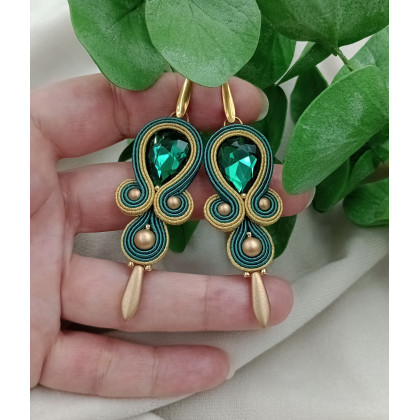 Kolczyki klipsy zielone butelkowe szmaragdowe złote soutache sutasz, Soutacheria, kolczyki 