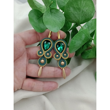 Soutacheria - kolczyki  - Kolczyki klipsy zielone butelkowe szmaragdowe złote soutache sutasz foto #1