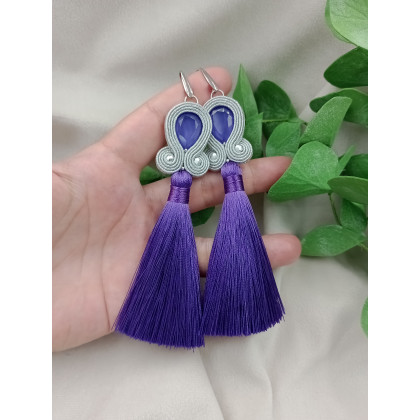 Długie kolczyki z chwostami, fioletowe chwosty klipsy sztyfty soutache sutasz, Soutacheria, kolczyki 
