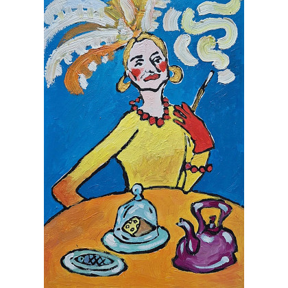 Pióra nad głową, cisza na stole, Marlena Kuć, obrazy olejne