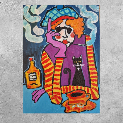 noc siedzi przy stole, Marlena Kuć, obrazy olejne