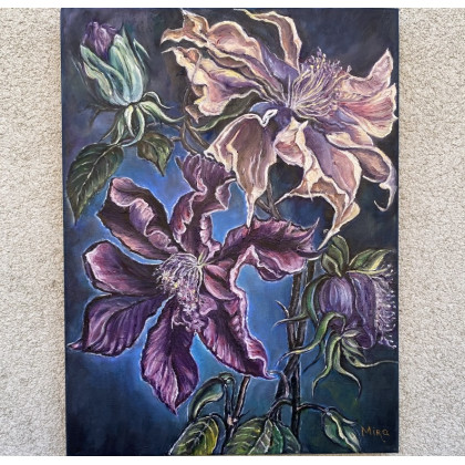 Kwiaty powojnika w odcieniach indygo., Myroslava Burlaka, obrazy olejne