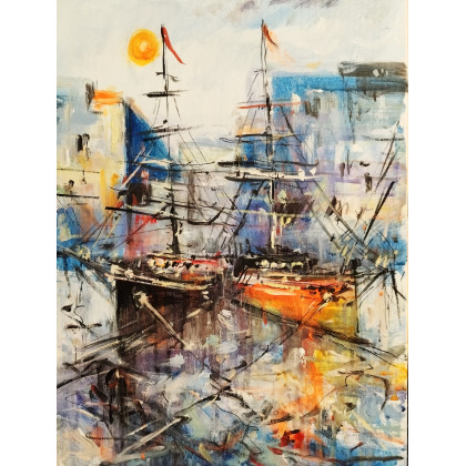 Cichy port..., Dariusz Grajek, olej + akryl