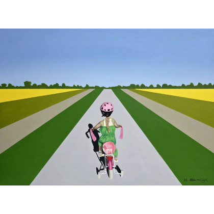 Różowy kask, Monika Adamczyk, obrazy akryl