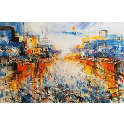 Błękitny port z łodziami..., Dariusz Grajek, olej + akryl