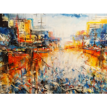 Dariusz Grajek - olej + akryl - Błękitny port z łodziami... foto #1