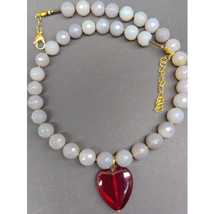 Naszyjnik Agat Szary Z Czerwonym Sercem, unikatart, korale,naszyjniki