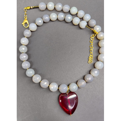 unikatart - korale,naszyjniki - Naszyjnik Agat Szary Z Czerwonym Sercem foto #1