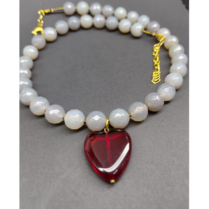 unikatart - korale,naszyjniki - Naszyjnik Agat Szary Z Czerwonym Sercem foto #2