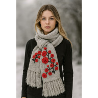 PIĘKNY, CIEPŁY SZAL W KOLORZE POPIELATYM Z HAFTOWANYMI KWIATAMI.