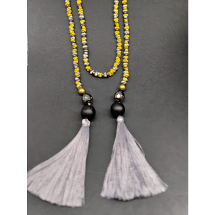 unikatart - korale,naszyjniki - Naszyjnik Długi Sznur Złoto Szare Korale Szklane z Chwostami foto #2