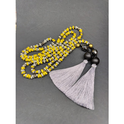 unikatart - korale,naszyjniki - Naszyjnik Długi Sznur Złoto Szare Korale Szklane z Chwostami foto #3