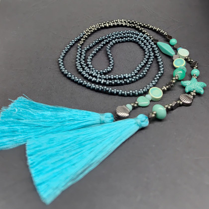 Naszyjnik Długi Sznur Turkusowa Rozgwiazda Z Chwostami, unikatart, korale,naszyjniki