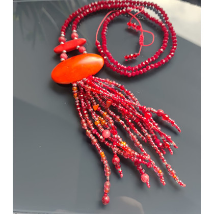 Naszyjnik Długi Sznur Czerwonych Korali Z Frędzlami, unikatart, korale,naszyjniki