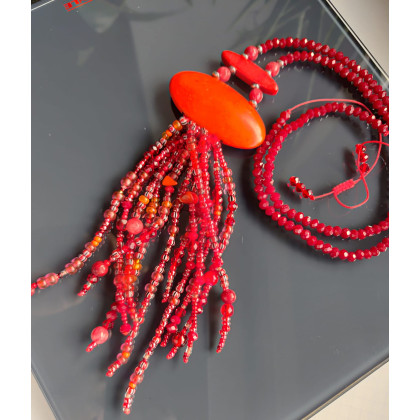 unikatart - korale,naszyjniki - Naszyjnik Długi Sznur Czerwonych Korali Z Frędzlami foto #1