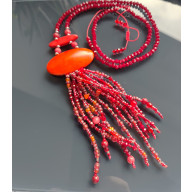 Naszyjnik Długi Sznur Czerwonych Korali Z Frędzlami