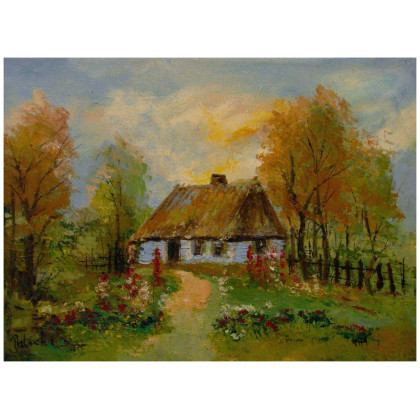 Na wsi obraz olejny 30-40cm, Grażyna Potocka, obrazy olejne