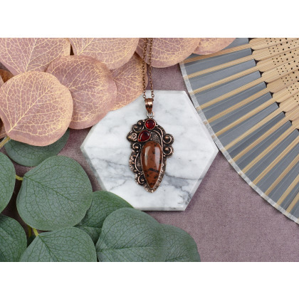 Witchcraft Apparel - wisiory - Miedziany ozdobny wisiorek z obsydianem mahoniowym i granatem #543 foto #1