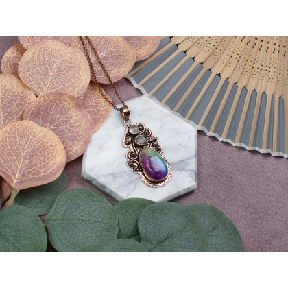 Witchcraft Apparel - wisiory - Miedziany ozdobny wisiorek z tęczowym kwarcem solarnym i różowym kwarcem #546 foto #1