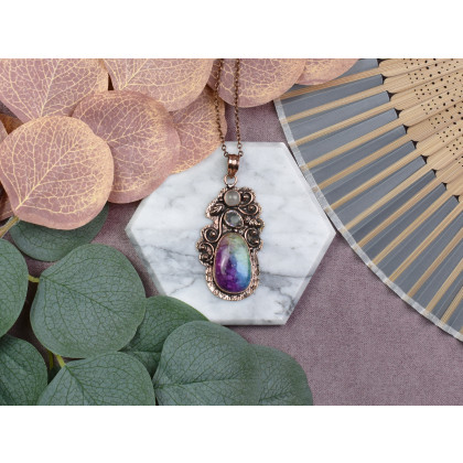 Witchcraft Apparel - wisiory - Miedziany ozdobny wisiorek z tęczowym kwarcem solarnym i różowym kwarcem #546 foto #3